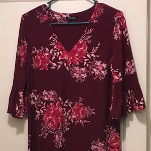 Maroon floral print dress.